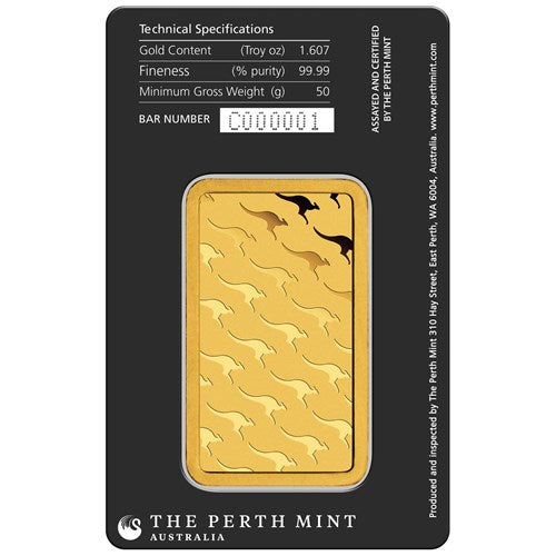 Perth Mint 50 Gram Gold Minted Carded Bar